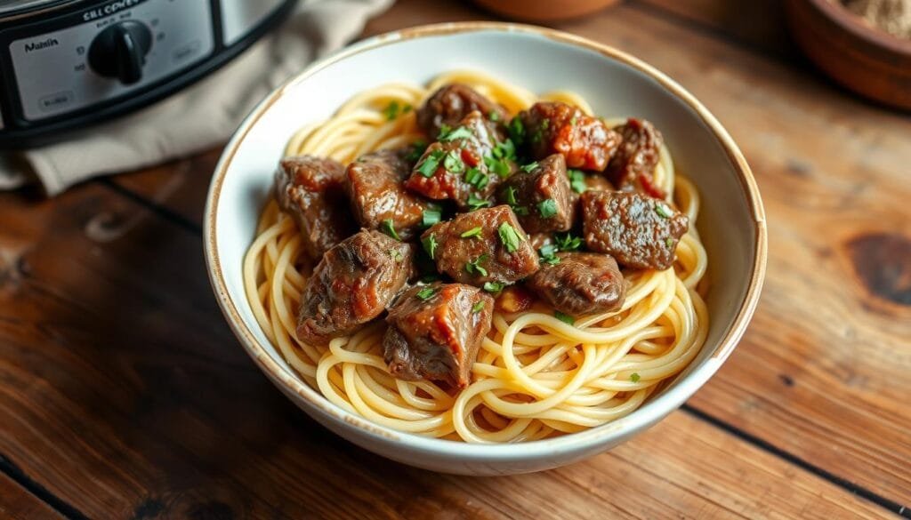 Slow cooker beef pasta with angel hair