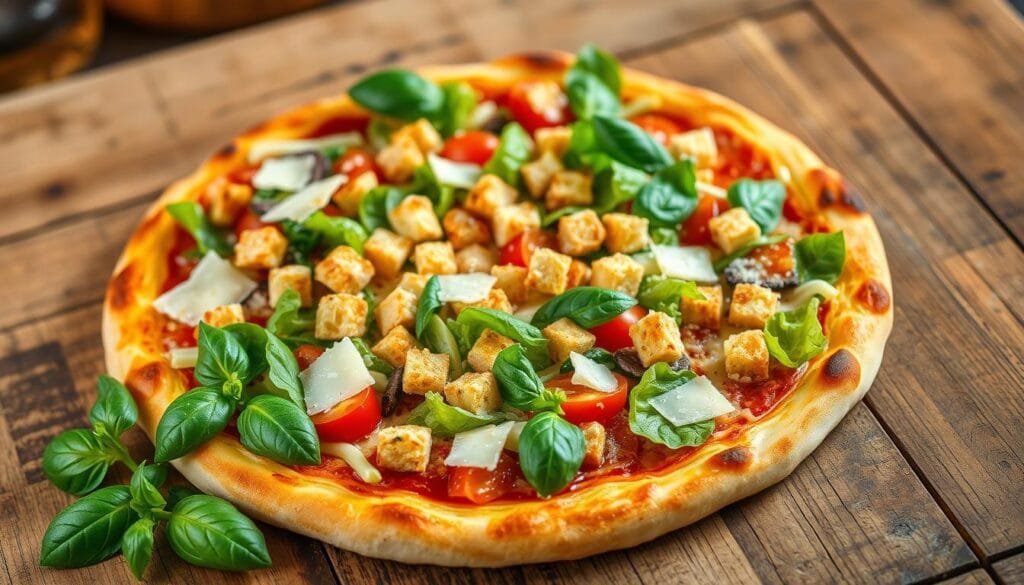 caesar salad pizza with chicken crust