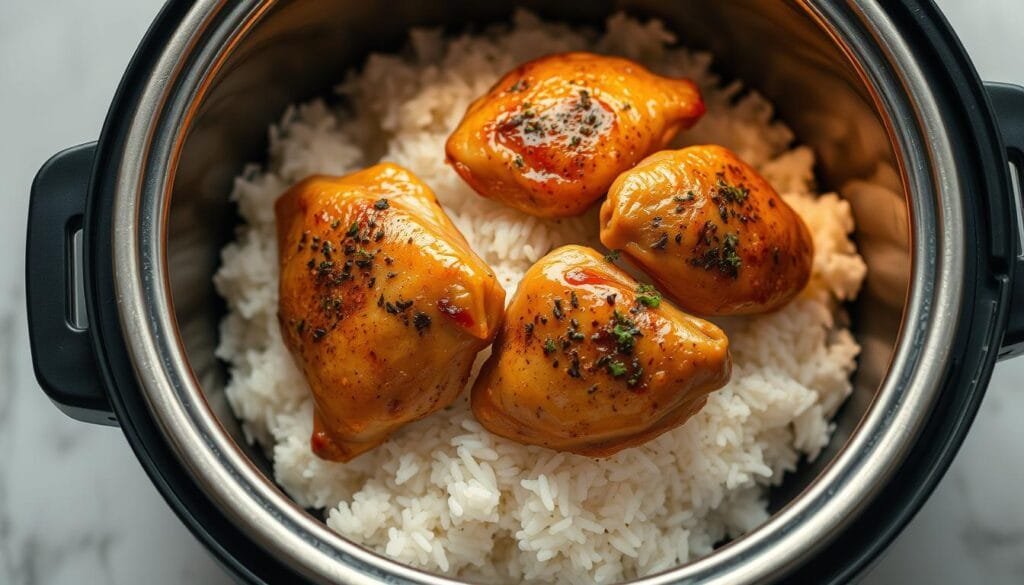 chicken and rice in a rice cooker