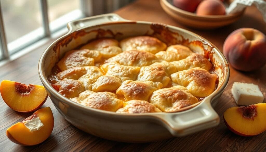 peach cobbler baking