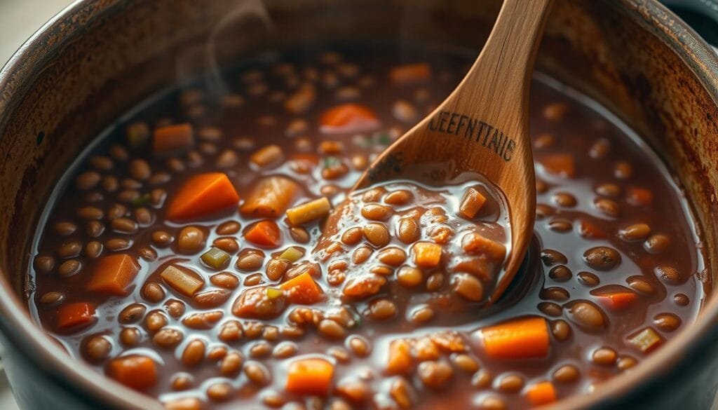 A beautifully prepared spicy lentil stew simmering in a large ceramic pot, the rich, aromatic broth a deep, earthy red. Chunks of tender lentils, carrots, and celery submerged in the savory liquid, steam rising gently. In the foreground, a wooden spoon protrudes from the stew, dripping with the thick, flavorful sauce. Soft lighting from above casts a warm, inviting glow over the scene, highlighting the textures and colors. The background is blurred, keeping the focus on the hearty, comforting dish. An impeccably crafted, mouthwatering representation of the perfect spicy lentil stew.
