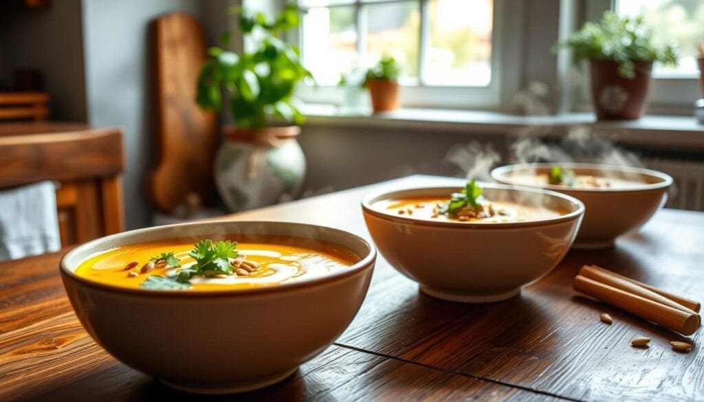 A cozy kitchen scene with a wooden table in the foreground, set with bowls of steaming turmeric-infused vegetable soup. The soup is garnished with fresh cilantro, a drizzle of coconut milk, and a sprinkle of toasted pumpkin seeds. In the background, a window floods the space with soft, warm lighting, and a potted plant adds a touch of natural greenery. The atmosphere is inviting and comforting, perfectly capturing the essence of a nourishing, immunity-boosting turmeric soup.