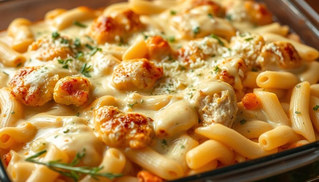 A delectable chicken alfredo pasta bake, its creamy sauce glistening under the warm, soft light. Tender pasta noodles nestle golden, crispy chicken, while a generous layer of melted, bubbling cheese crowns the dish. The composition is arranged artfully, with a side of fresh, vibrant herbs and a sprinkle of Parmesan for an irresistible finishing touch. The overall scene exudes a comforting, homey atmosphere, inviting the viewer to imagine themselves savoring this indulgent, family-friendly meal.