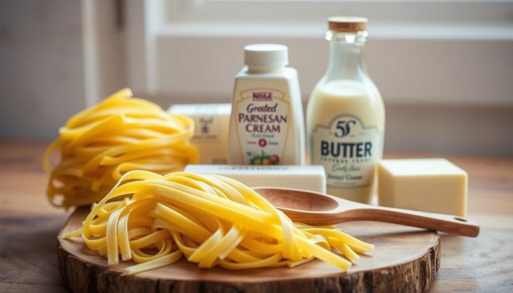 A neatly arranged still life of the key ingredients for homemade Alfredo sauce. In the foreground, a stack of fresh fettuccine pasta and a wooden spoon sit atop a rustic wooden board. In the middle ground, a block of grated Parmesan cheese, a squeeze bottle of heavy cream, and a pat of creamy butter take center stage. The background is softly blurred, allowing the ingredients to shine. Soft, natural lighting from a window casts a warm glow, highlighting the textures and colors of the components. The overall mood is one of simplicity, coziness, and the promise of a delicious, creamy pasta dish.
