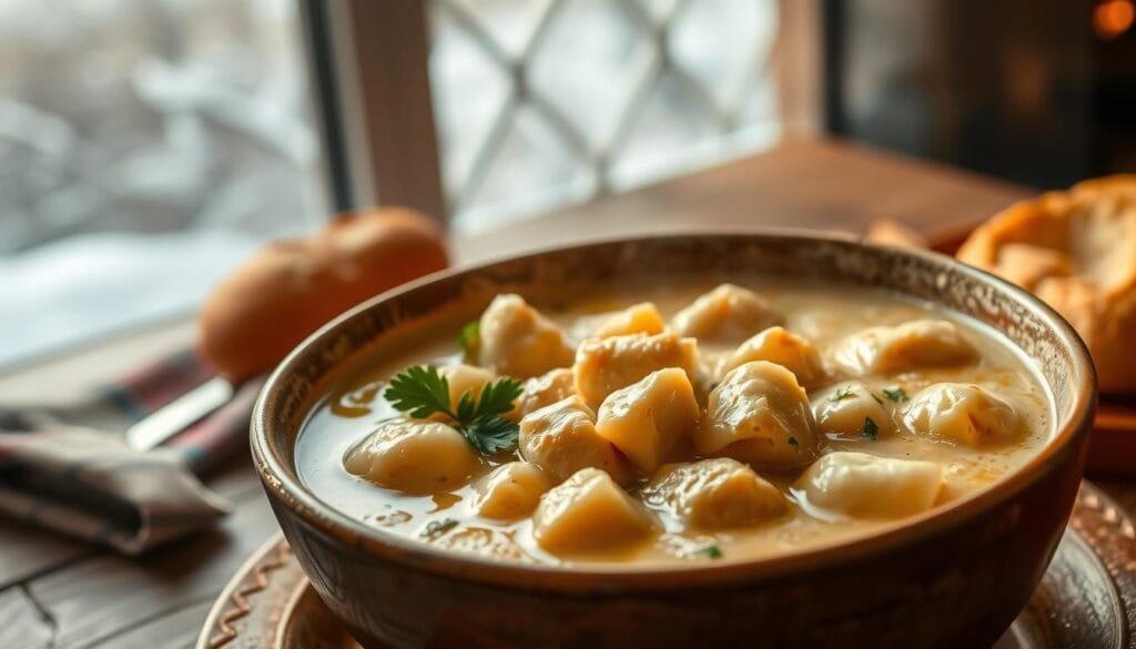 A steaming bowl of creamy chicken gnocchi soup, set against a cozy winter backdrop. In the foreground, tender pieces of juicy chicken nestle among pillowy gnocchi dumplings, bathed in a rich, velvety broth. Garnishes of fresh parsley and a drizzle of olive oil add vibrant pops of color and texture. The middle ground features a rustic wooden table, with a plaid napkin and a crusty bread roll, inviting the viewer to pull up a chair and indulge. The background is softly blurred, hinting at a warm, intimate setting, perhaps by a fireplace or a frost-covered window, evoking a sense of comfort and relaxation. Warm lighting casts a golden glow, heightening the cozy, nourishing atmosphere of this winter soup masterpiece.