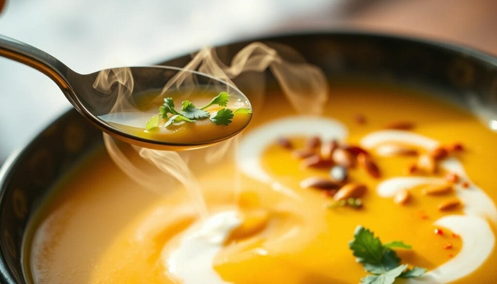 A vibrant, close-up shot of an artfully customized turmeric vegetable soup. In the foreground, a spoon gently swirls freshly chopped herbs, perhaps parsley or cilantro, into the golden broth. Wisps of steam rise, illuminated by soft, natural lighting casting a warm glow. In the middle ground, a variety of garnishes - toasted pumpkin seeds, a drizzle of yogurt, a sprinkle of crushed chili flakes - are arranged purposefully around the bowl, inviting the viewer to personalize the soup to their taste. The background fades softly, drawing the eye to the center of the frame and the act of customization. The overall mood is one of comfort, nourishment, and the joyful exploration of flavors.