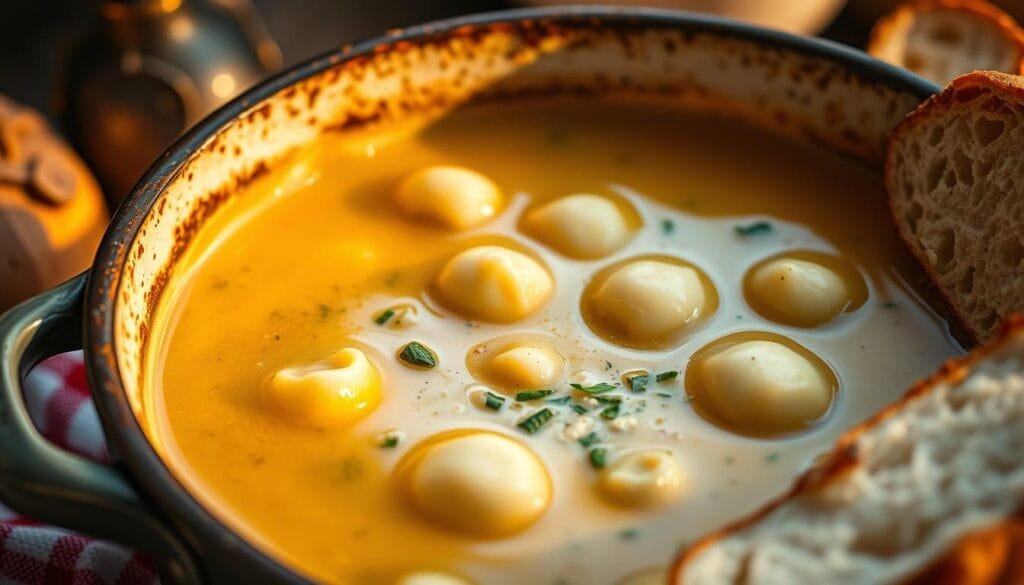 Creamy Italian soup simmering in a rustic pot, illuminated by warm, soft lighting. Gnocchi dumplings floating in a velvety broth, infused with aromatic garlic, herbs, and Parmesan. Crisp, crusty bread on the side, inviting a dip. Shallow depth of field, focusing on the bowl's center, while the background gently blurs into a cozy, homey atmosphere. Evoke a sense of comfort and nourishment on a chilly winter day.