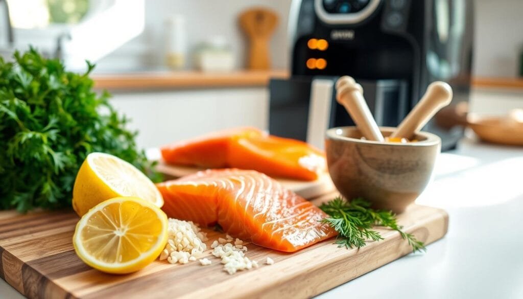 Preparing Ingredients for Air Fryer Salmon: A bright, airy kitchen scene with a wooden cutting board in the foreground. Atop the board, a freshly sliced lemon, a pile of minced garlic, and a bundle of fresh dill. In the middle ground, a salmon fillet sits next to a mortar and pestle filled with a golden honey mixture. The background features an open air fryer on the counter, casting a warm glow. Soft, natural lighting illuminates the scene, creating a clean, inviting atmosphere. The composition highlights the key ingredients needed to prepare a delectable air fryer salmon dish.