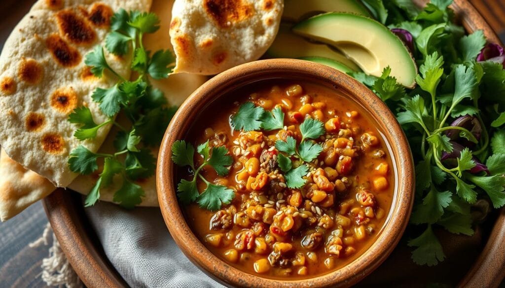 Vegetarian lentil stew served in a rustic earthenware bowl, garnished with vibrant cilantro leaves, a drizzle of rich olive oil, and a sprinkle of toasted sesame seeds. Crisp slices of warm naan bread, fresh avocado slices, and a vibrant green salad arranged artfully around the bowl, creating a visually appealing and appetizing presentation. Soft, natural lighting illuminates the scene, highlighting the warm hues of the stew and the earthy tones of the serving ware. The overall mood is cozy, comforting, and inviting, perfectly complementing the hearty and nourishing lentil stew.