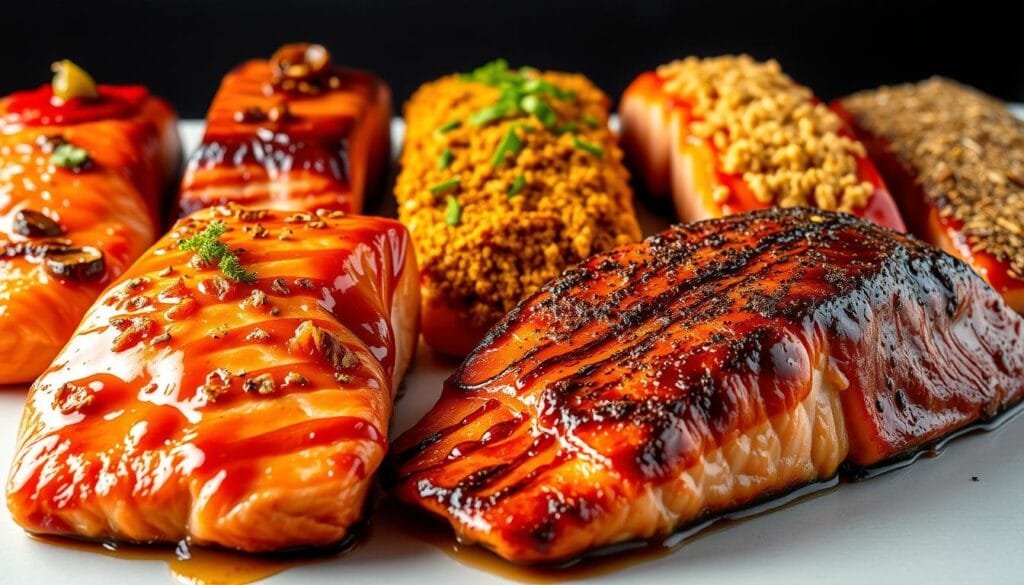 Vibrant salmon fillets skillfully air fried, adorned with various savory glazes and garnishes. In the foreground, a succulent honey garlic salmon fillet, its glossy caramelized surface glistening under warm studio lighting. Beside it, a maple soy glazed salmon with a delicate char. In the middle ground, a paprika and lemon pepper crusted salmon, its flaky texture visible. In the background, a lineup of additional variations - teriyaki, dill and lemon, and spicy sriracha salmon. The composition showcases the versatility of air fried salmon, creating a visually appetizing display of contrasting flavors and textures.