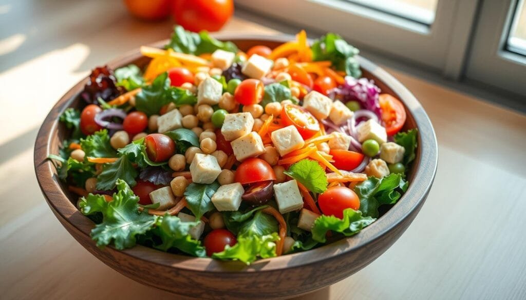 Vegetarian and vegan salad bowl with protein options